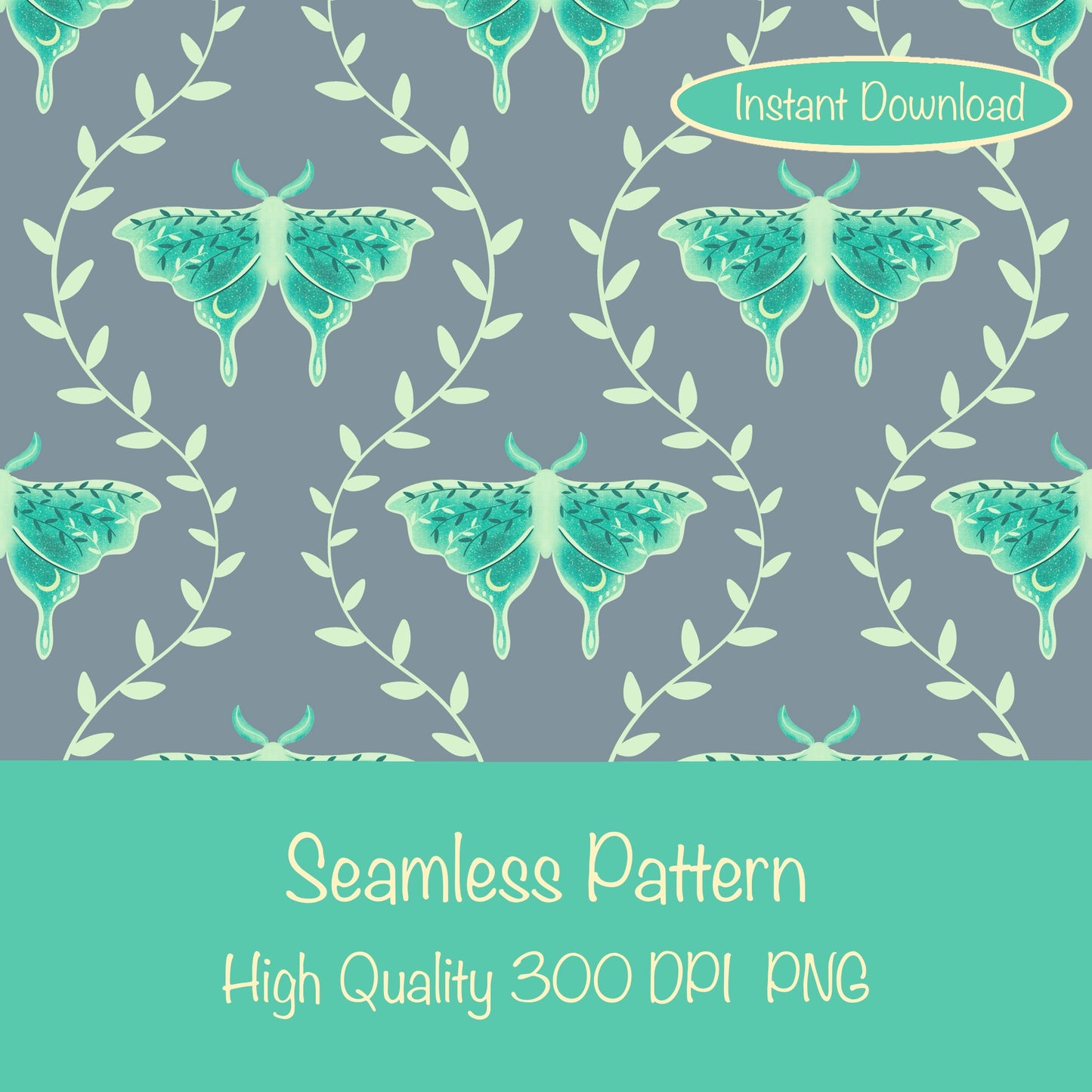 Whimsical Moth Seamless Pattern Digital File Grey – Dreamy 12x12” PNG, 300 DPI, Commercial Use