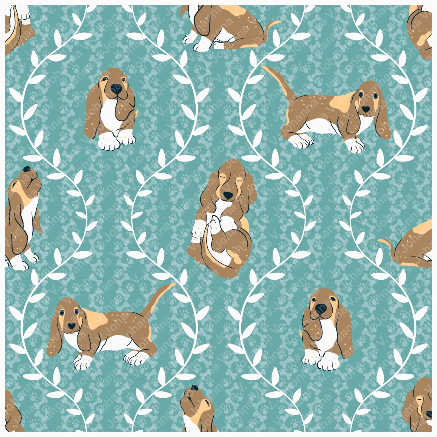 Basset Hound Seamless Pattern Bundle Blue Green | Florals, Botanicals & Dog Toys | 12x12” PNGs | Digital Download