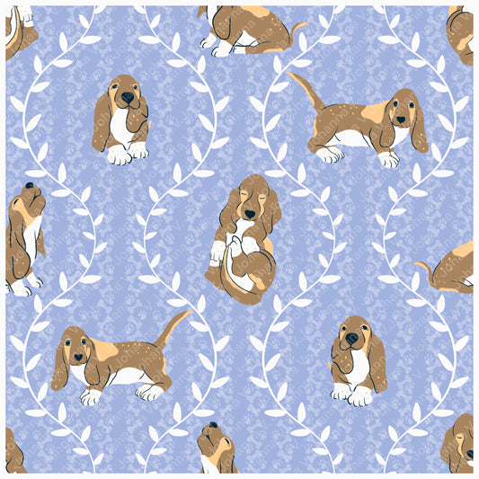 Basset Hound & Botanical Vines Seamless Pattern Purple | Cute Dog Pattern | 12x12” PNG Digital Download