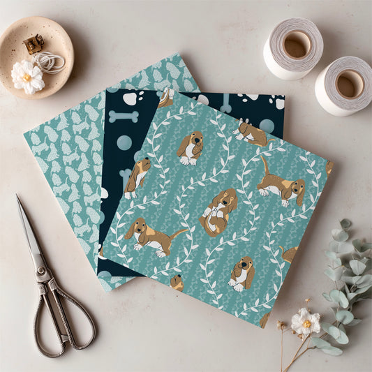 Basset Hound Seamless Pattern Bundle Blue Green | Florals, Botanicals & Dog Toys | 12x12” PNGs | Digital Download