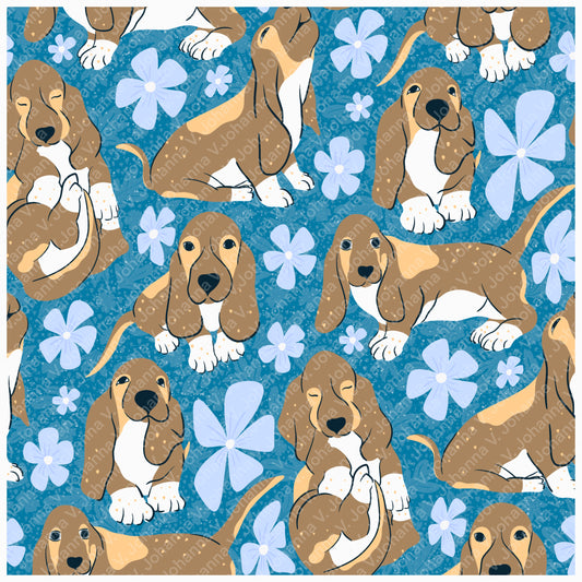 Basset Hound Floral Seamless Pattern Blue | Cute Dog Pattern | 12x12” PNG Digital Download