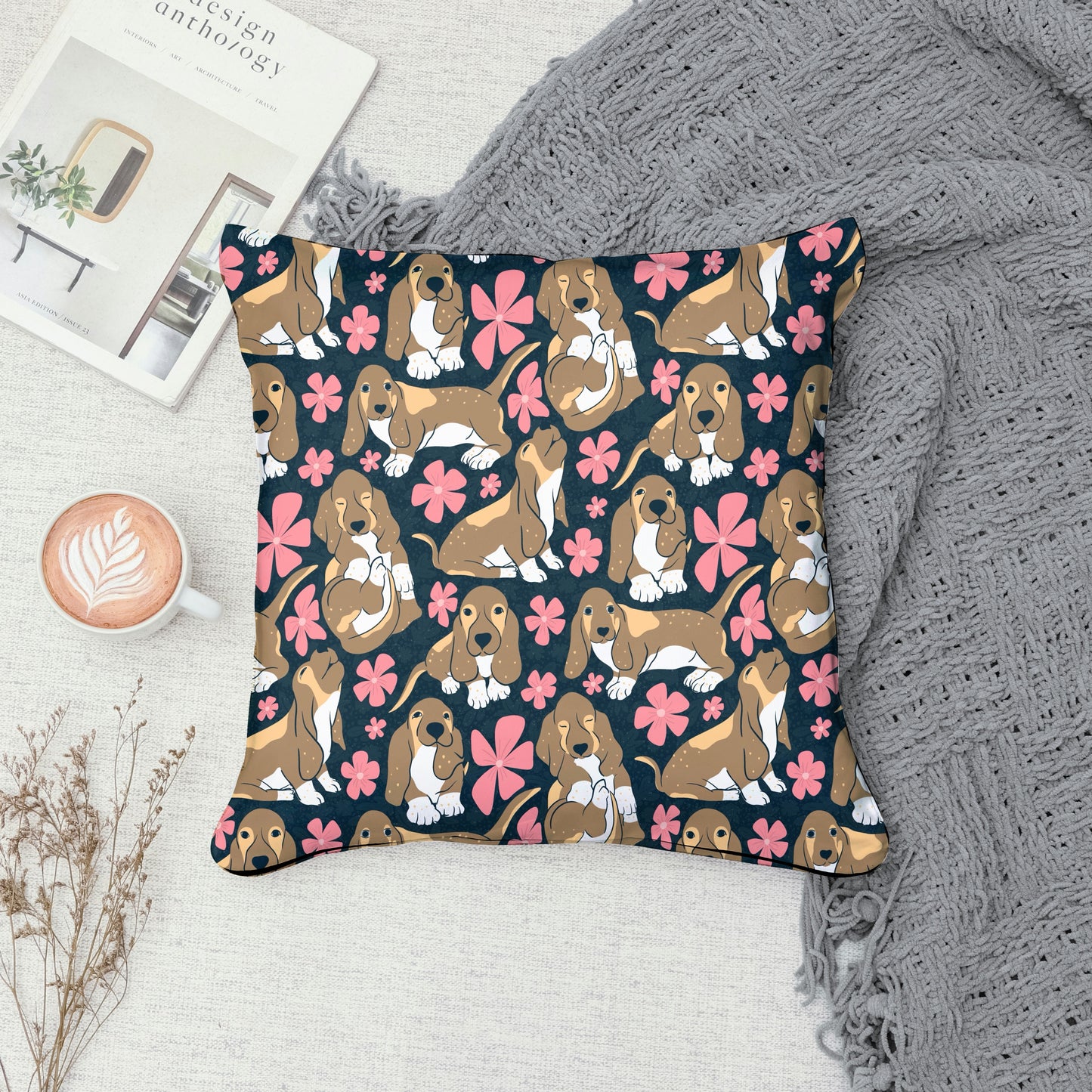 Basset Hound Floral Seamless Pattern Black | Cute Dog Pattern | 12x12β PNG Digital Download