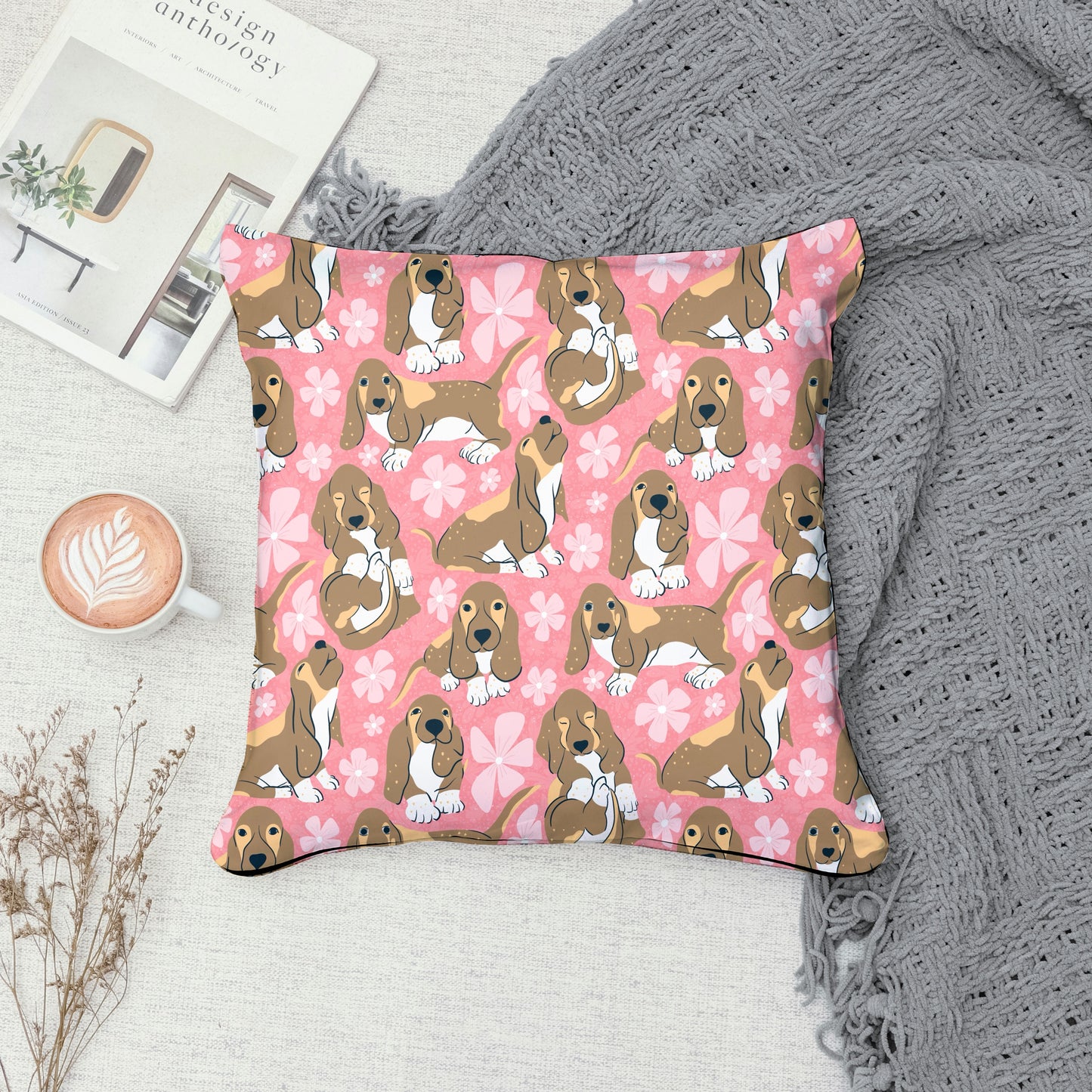 Basset Hound Floral Seamless Pattern Pink | Cute Dog Pattern | 12x12β PNG Digital Download