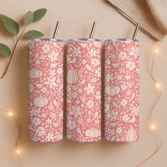 Winter Pumpkins & Birds Tumbler Wrap PNG | Floral 20oz Skinny Tumbler Design