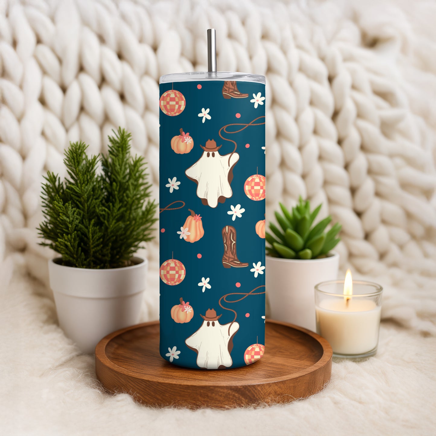 Halloween Cowgirl Ghost Tumbler Wrap PNG | Pumpkins & Disco Balls | 20oz Skinny Tumbler Design