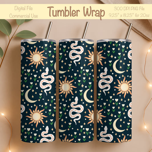 Celestial Boho Tumbler Wrap PNG | Suns, Moons, Stars & Snakes | 20oz Skinny Cup Design