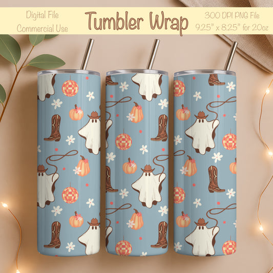 Halloween Cowgirl Ghost Tumbler Wrap PNG | Pumpkins & Disco Balls | 20oz Skinny Tumbler Design