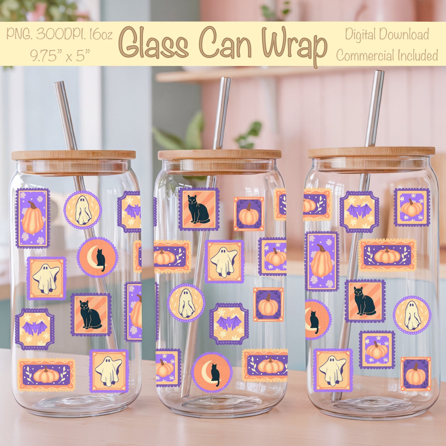 Vintage Halloween Postage Stamp Glass Can Wrap PNG | 16oz Libbey Cup Design