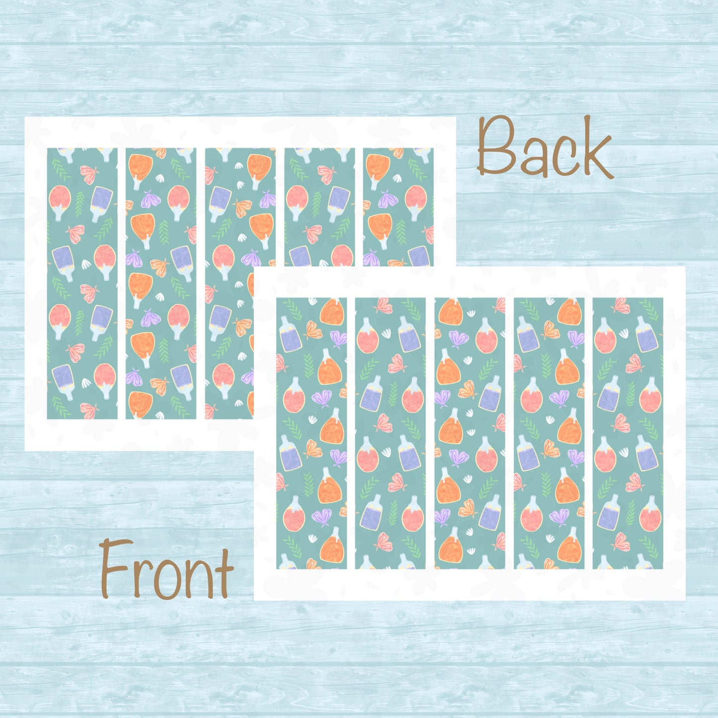 Whimsical Printable Bookmark with Flowers, Moths & Potions Green โ Digital Download | 2 PDF Files, 2x7โ at 300 DPI | Commercial Use