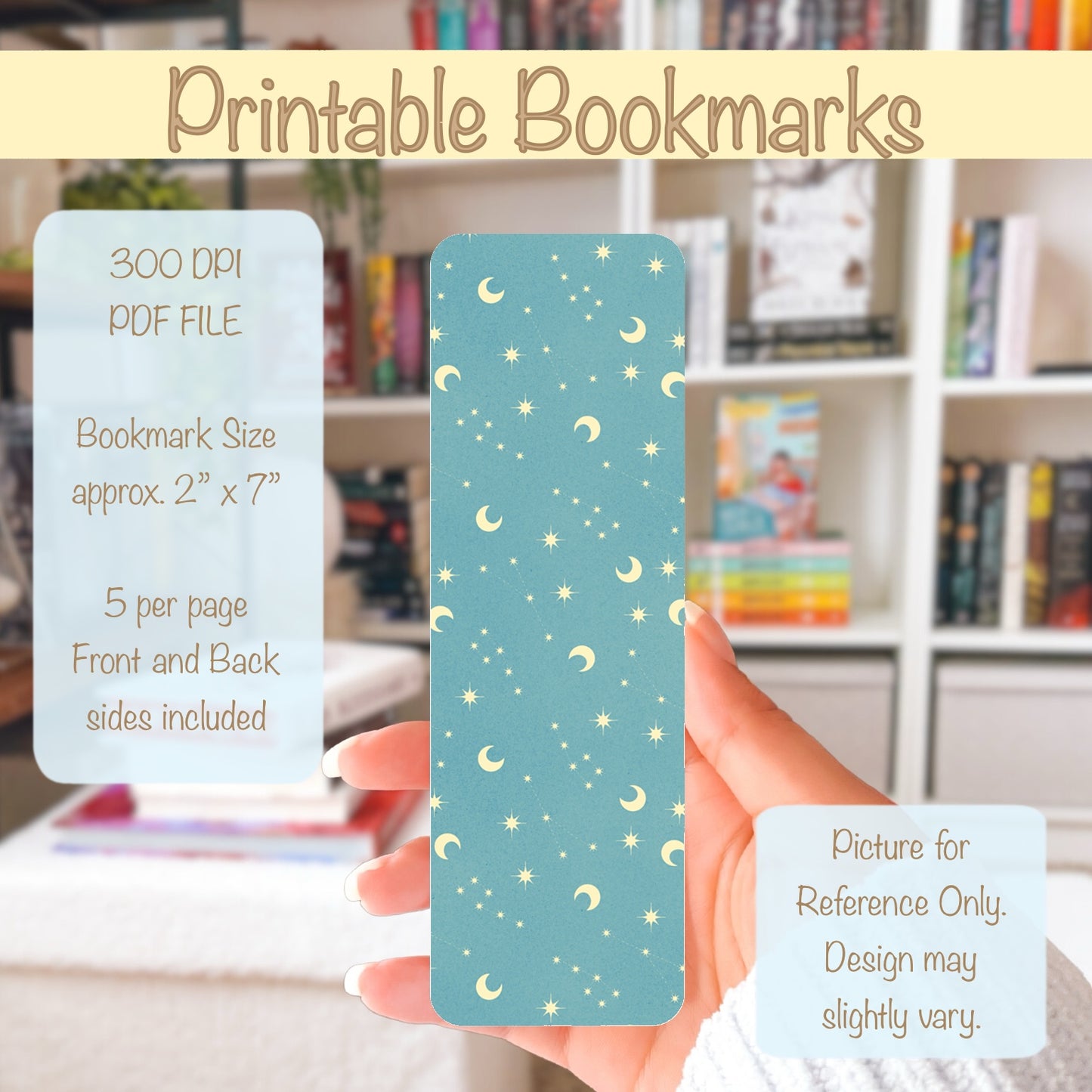 Celestial Printable Bookmark with Moons, Stars & Constellations Blue – Digital Download | 2 PDF Files, 2x7” at 300 DPI | Commercial Use