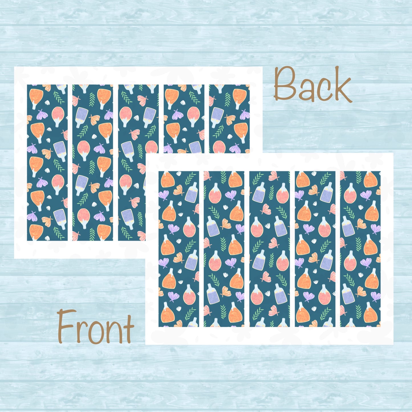 Whimsical Printable Bookmark with Flowers, Moths & Potions Blue โ Digital Download | 2 PDF Files, 2x7โ at 300 DPI | Commercial Use