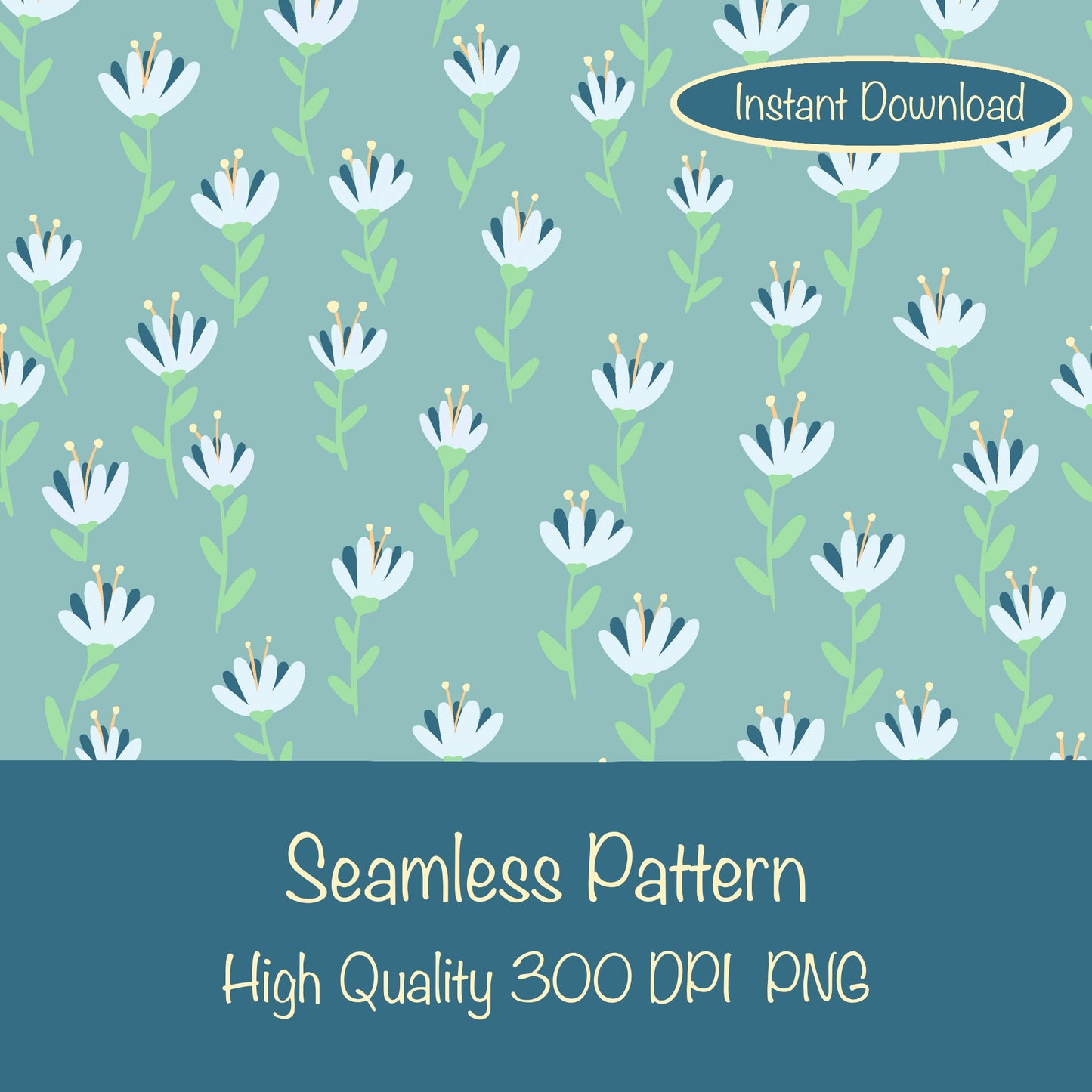 Whimsical Blooms Seamless Pattern Green - Floral Digital Paper PNG 12” x 12” 300 DPI