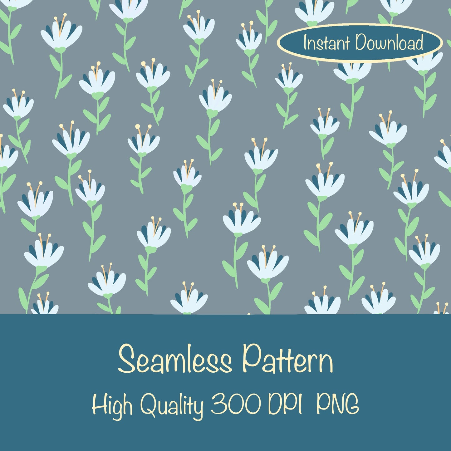 Whimsical Blooms Seamless Pattern Grey - Floral Digital Paper PNG 12” x 12” 300 DPI