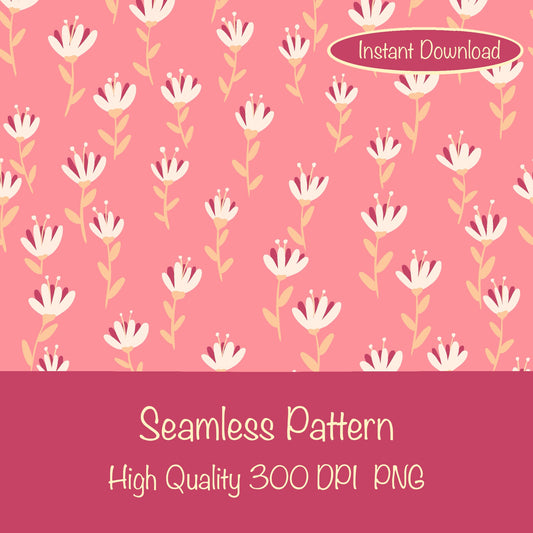 Whimsical Blooms Seamless Pattern Pink - Floral Digital Paper PNG 12” x 12” 300 DPI