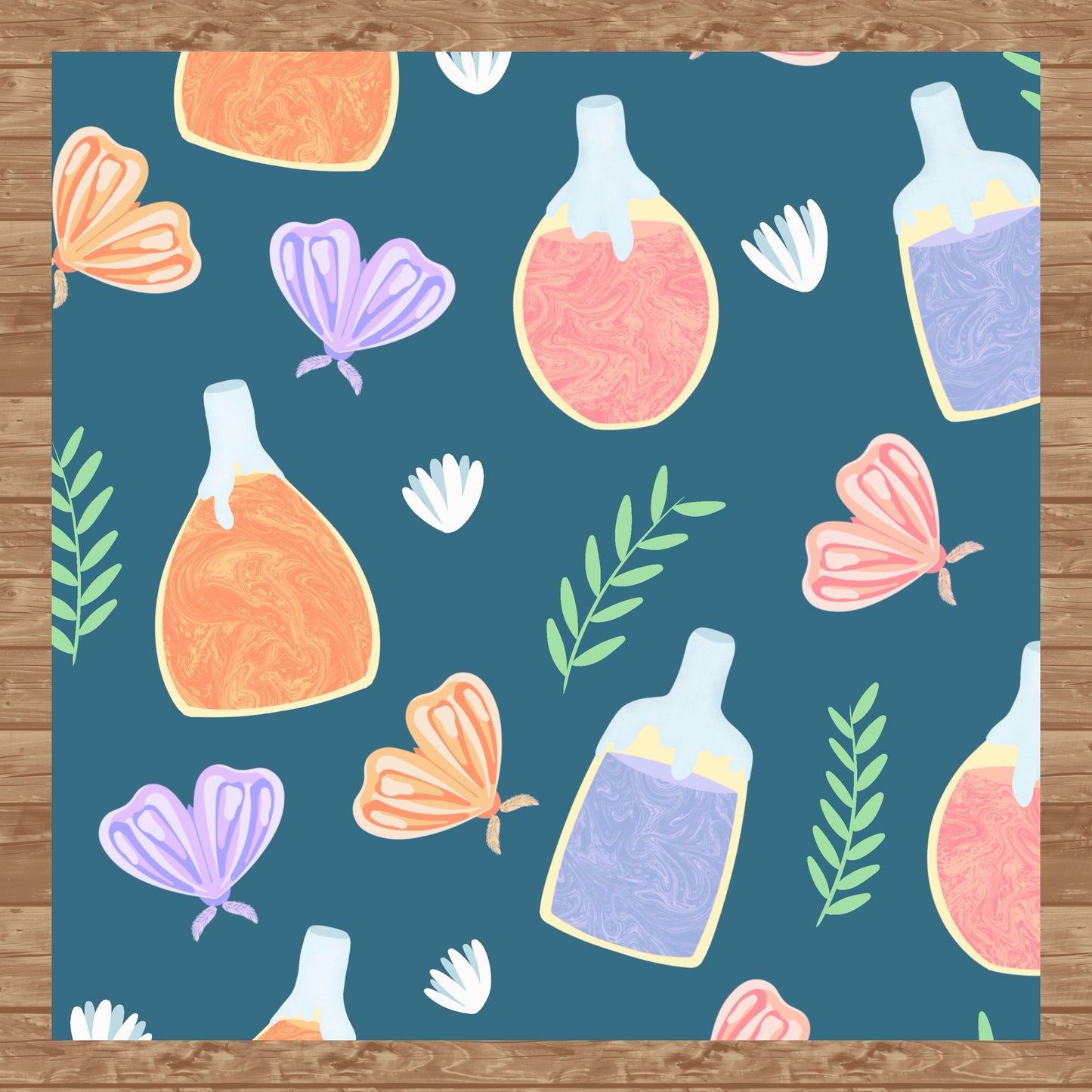 Enchanting Potions, Moths & Flowers Seamless Pattern Blue | Digital Paper PNG 12” x 12” 300 DPI