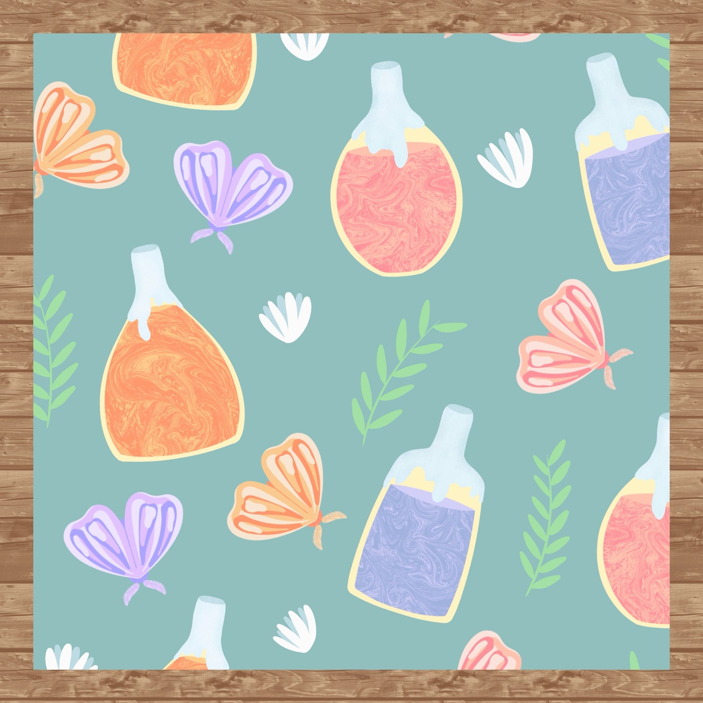 Enchanting Potions, Moths & Flowers Seamless Pattern Green | Digital Paper PNG 12” x 12” 300 DPI