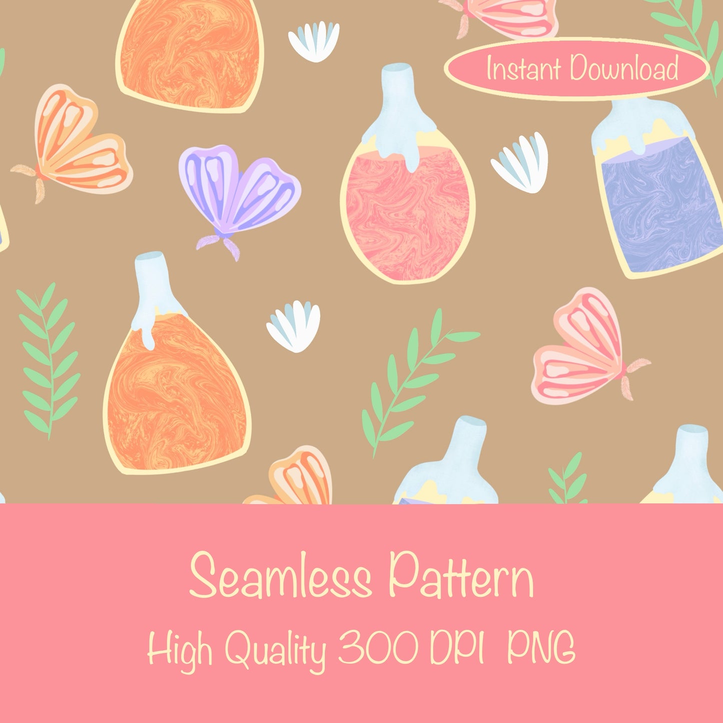 Enchanting Potions, Moths & Flowers Seamless Pattern Brown | Digital Paper PNG 12” x 12” 300 DPI