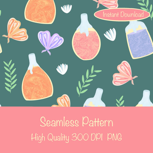 Enchanting Potions, Moths & Flowers Seamless Pattern Dark Green | Digital Paper PNG 12” x 12” 300 DPI