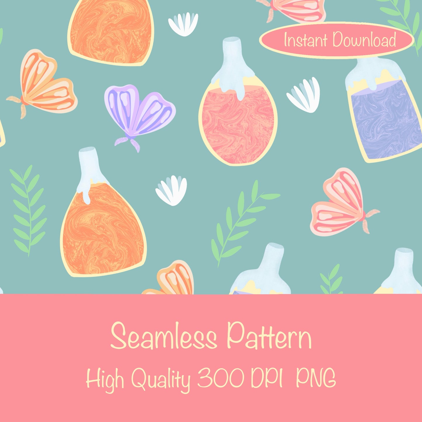 Enchanting Potions, Moths & Flowers Seamless Pattern Green | Digital Paper PNG 12” x 12” 300 DPI