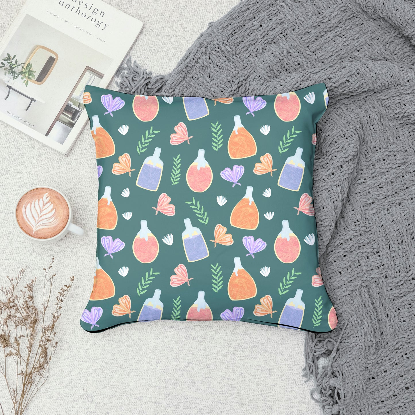 Enchanting Potions, Moths & Flowers Seamless Pattern Dark Green | Digital Paper PNG 12” x 12” 300 DPI