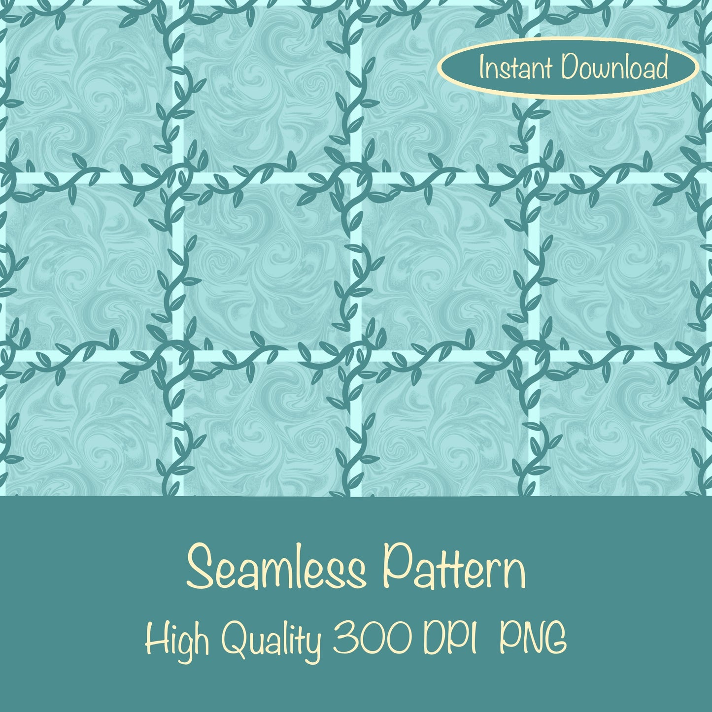 Whimsical Tiles & Botanicals Seamless Pattern Green | Digital Paper PNG 12β x 12β 300 DPI