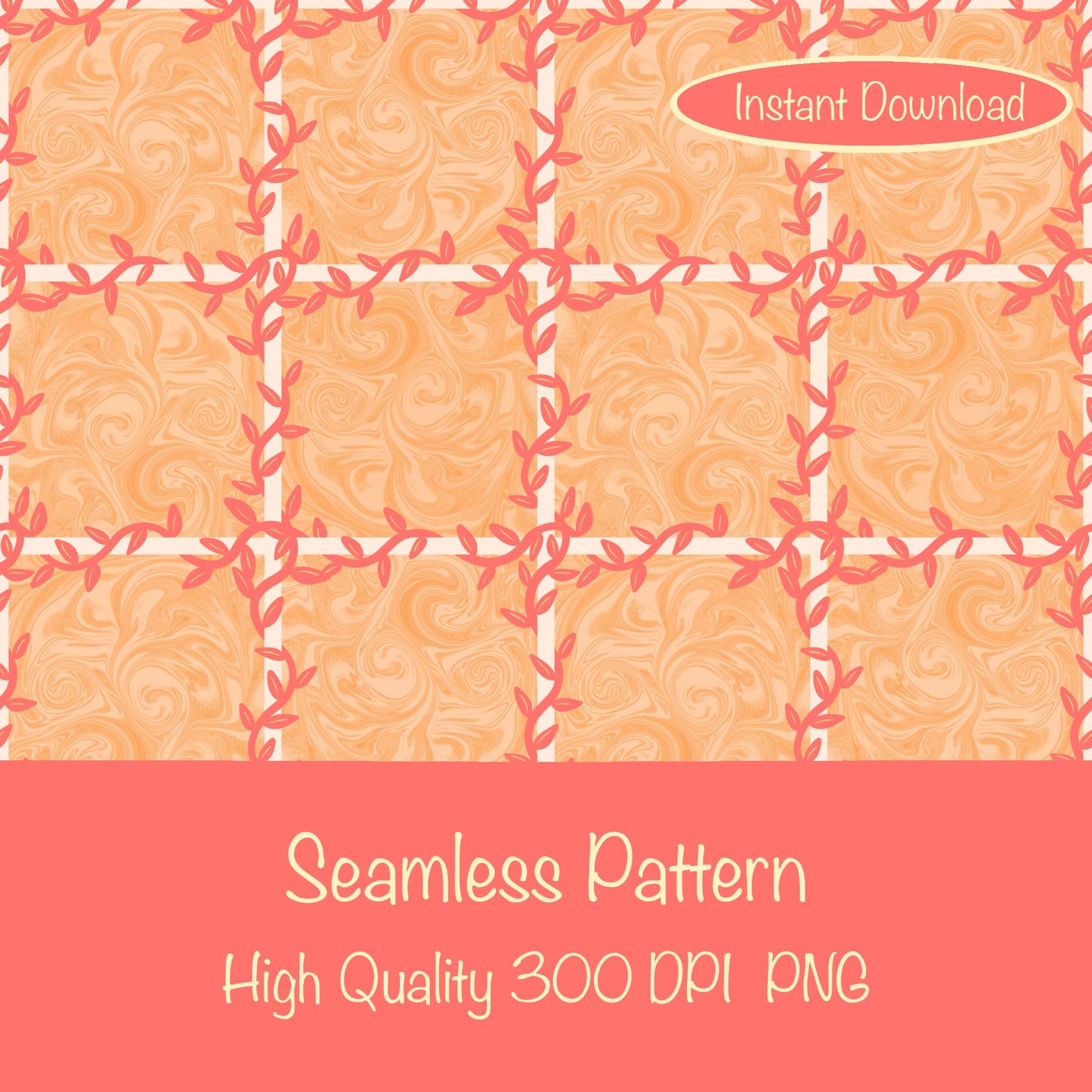 Whimsical Tiles & Botanicals Seamless Pattern Orange | Digital Paper PNG 12β x 12β 300 DPI