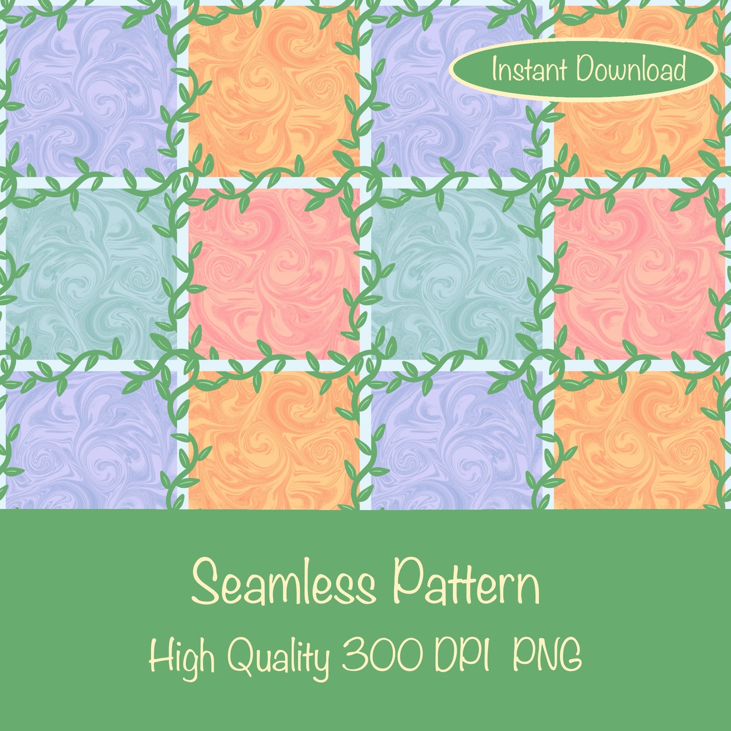 Whimsical Tiles & Botanicals Seamless Pattern | Digital Paper PNG 12β x 12β 300 DPI