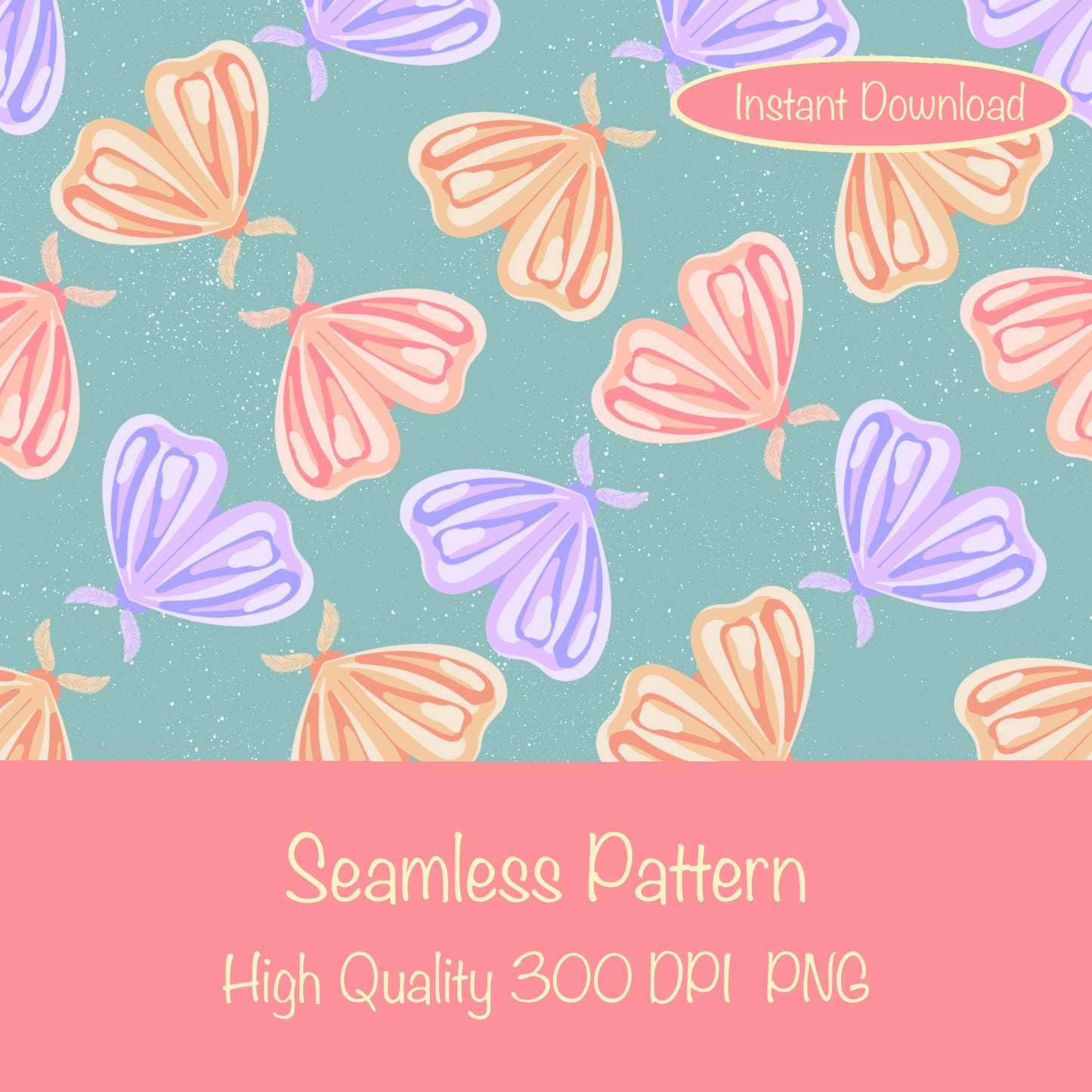 Whimsical Moths Seamless Pattern Green | Digital Paper PNG 12” x 12” 300 DPI