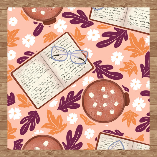 Cozy Fall Seamless Pattern Pink – Books, Hot Cocoa, Glasses & Autumn Leaves Digital Download