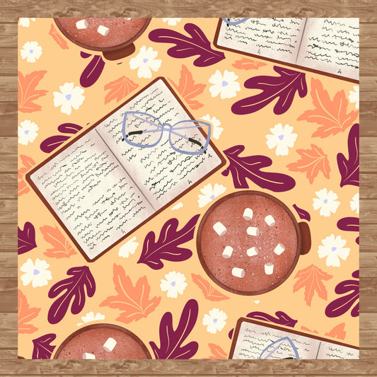 Cozy Fall Seamless Pattern Orange  – Books, Hot Cocoa, Glasses & Autumn Leaves Digital Download