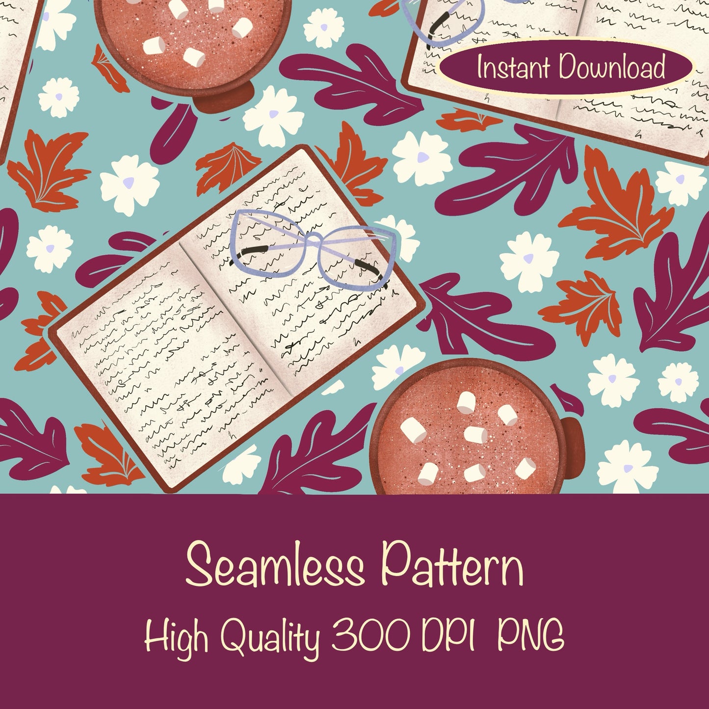 Cozy Fall Seamless Pattern Blue – Books, Hot Cocoa, Glasses & Autumn Leaves Digital Download