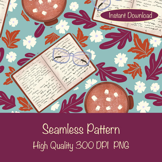 Cozy Fall Seamless Pattern Blue – Books, Hot Cocoa, Glasses & Autumn Leaves Digital Download