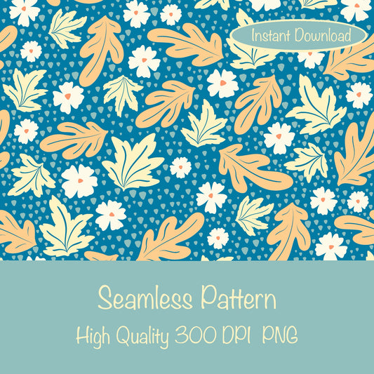 Fall Leaves & Flowers Seamless Pattern Blue | Autumn Digital Paper PNG | Cozy Floral Print