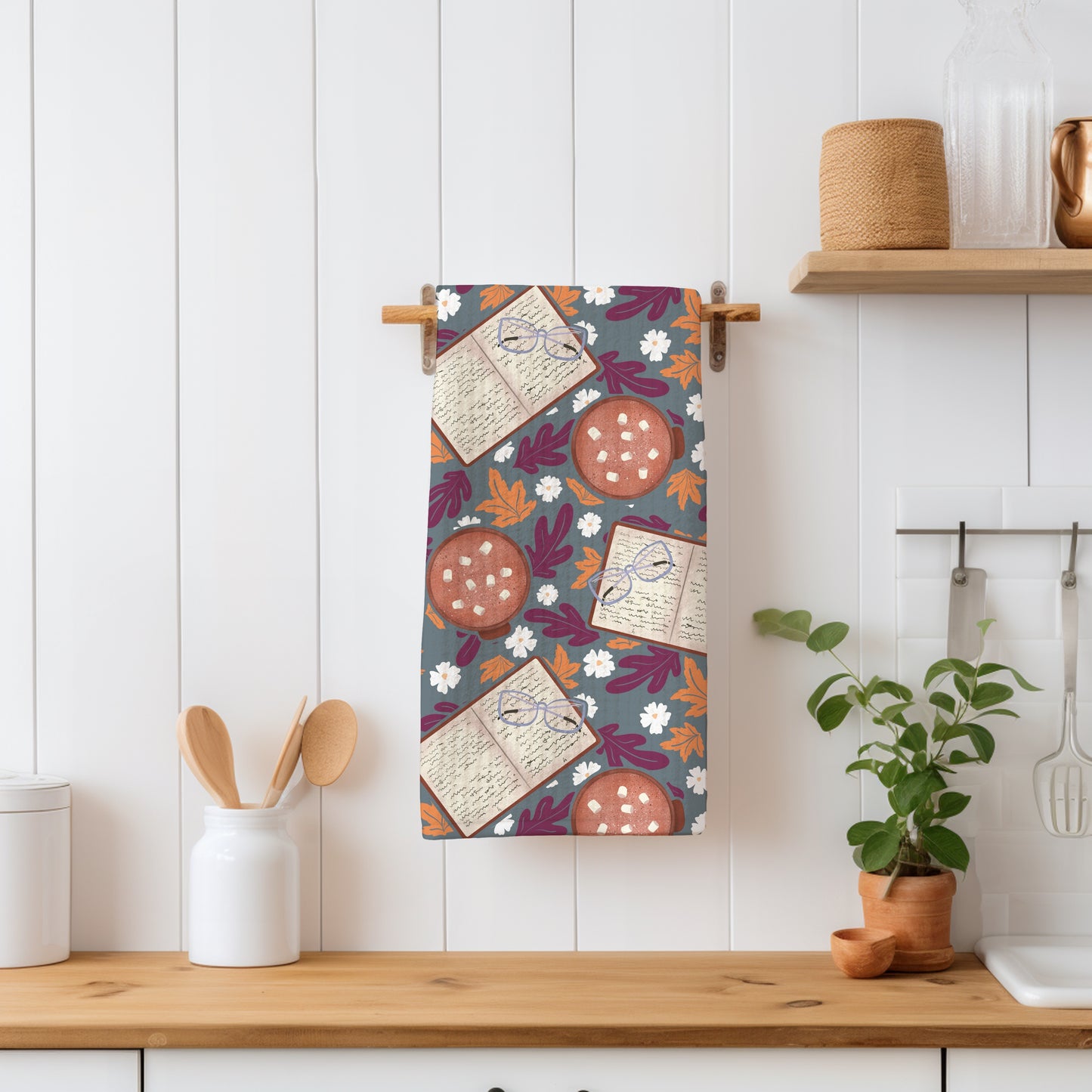 Cozy Fall Seamless Pattern Dark – Books, Hot Cocoa, Glasses & Autumn Leaves Digital Download