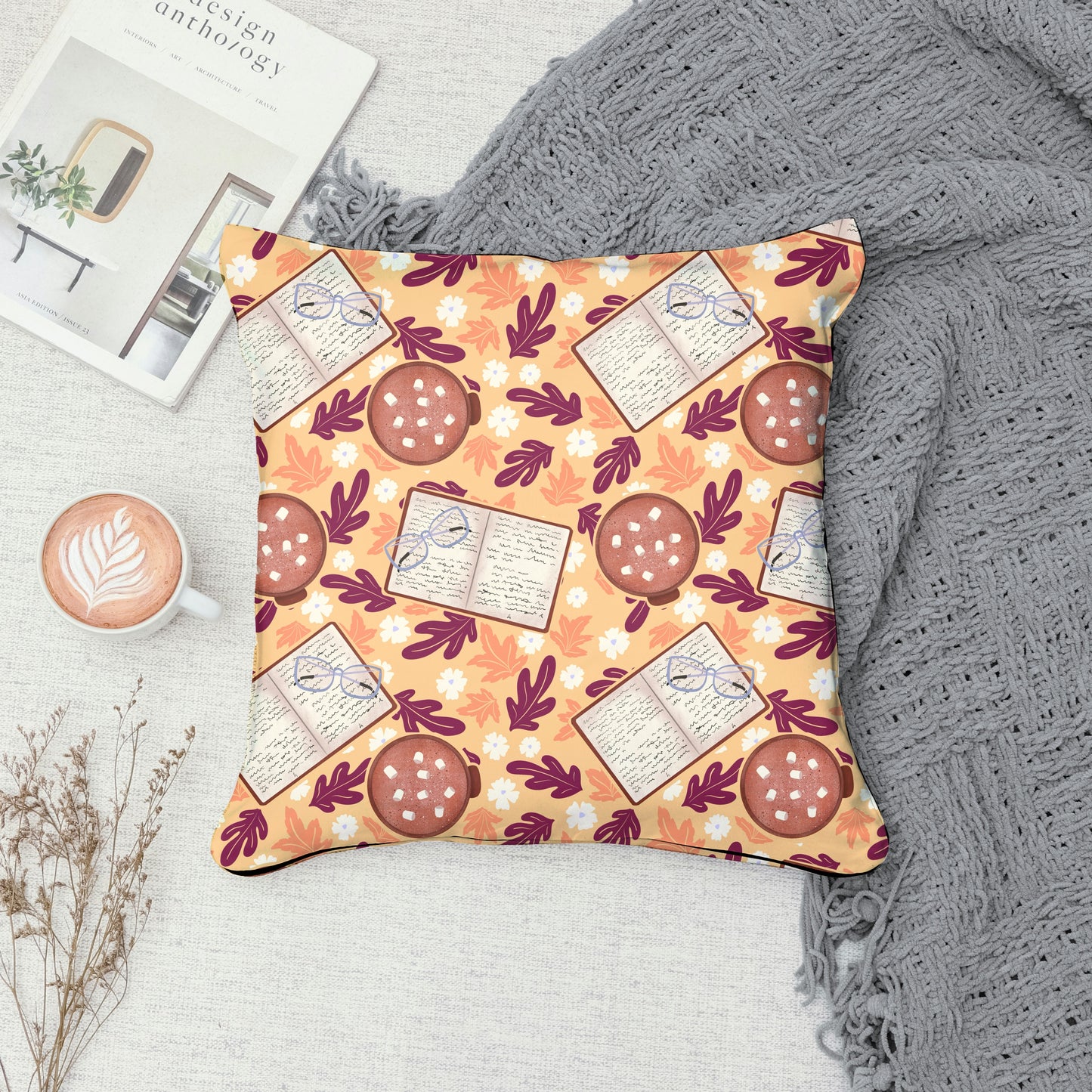 Cozy Fall Seamless Pattern Orange  – Books, Hot Cocoa, Glasses & Autumn Leaves Digital Download