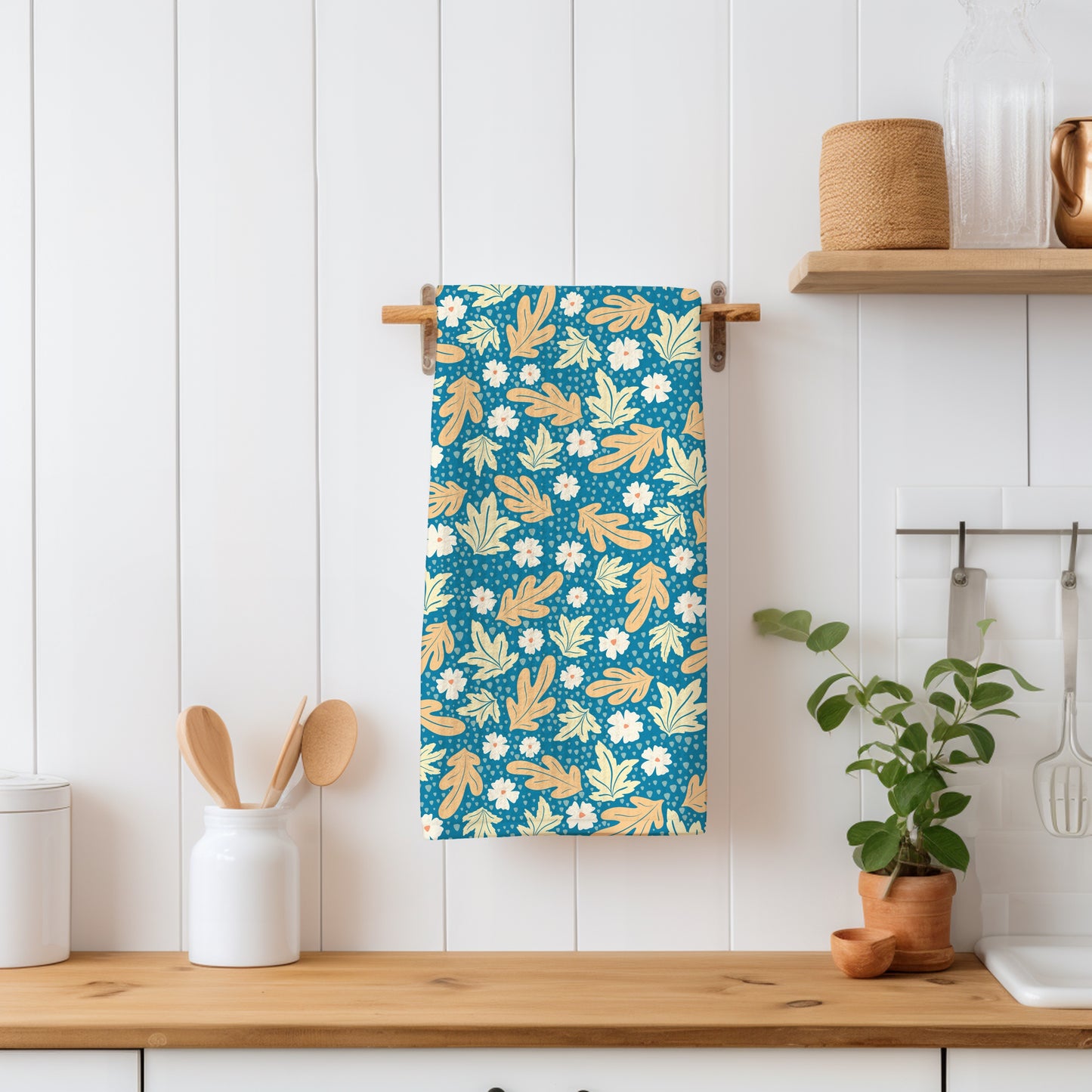 Fall Leaves & Flowers Seamless Pattern Blue | Autumn Digital Paper PNG | Cozy Floral Print