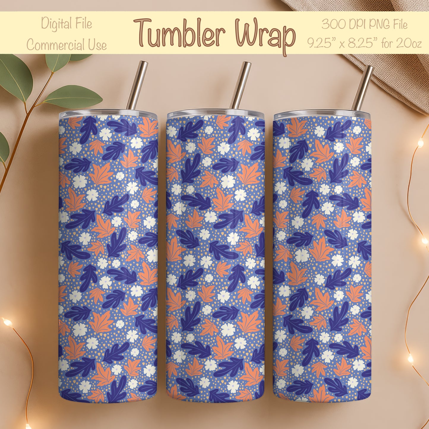 Fall Floral 20 oz Tumbler Wrap Purple β Cozy Autumn Flowers Digital PNG 9.25β x 8.20β