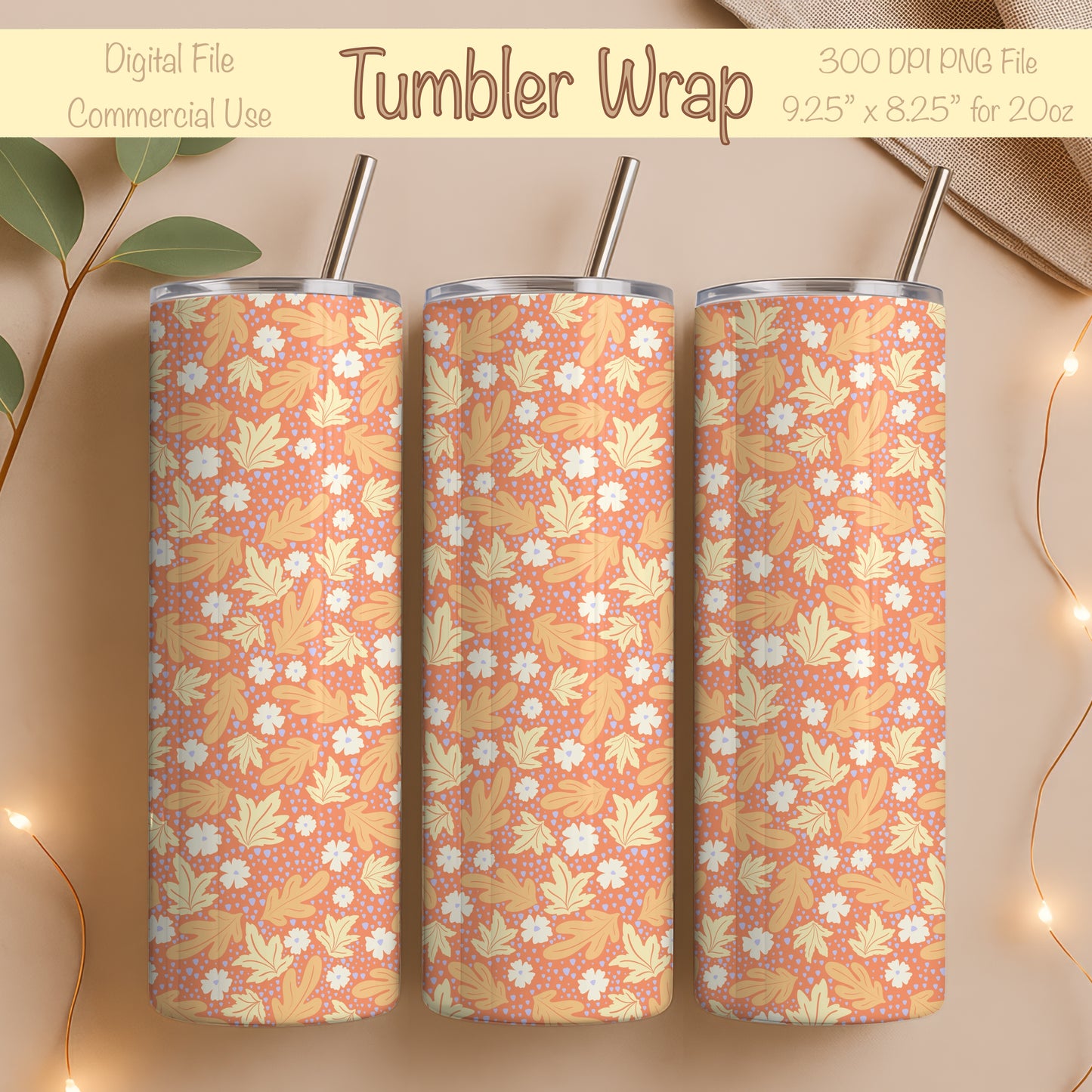 Fall Floral 20 oz Tumbler Wrap Orange β Cozy Autumn Flowers Digital PNG 9.25β x 8.20β