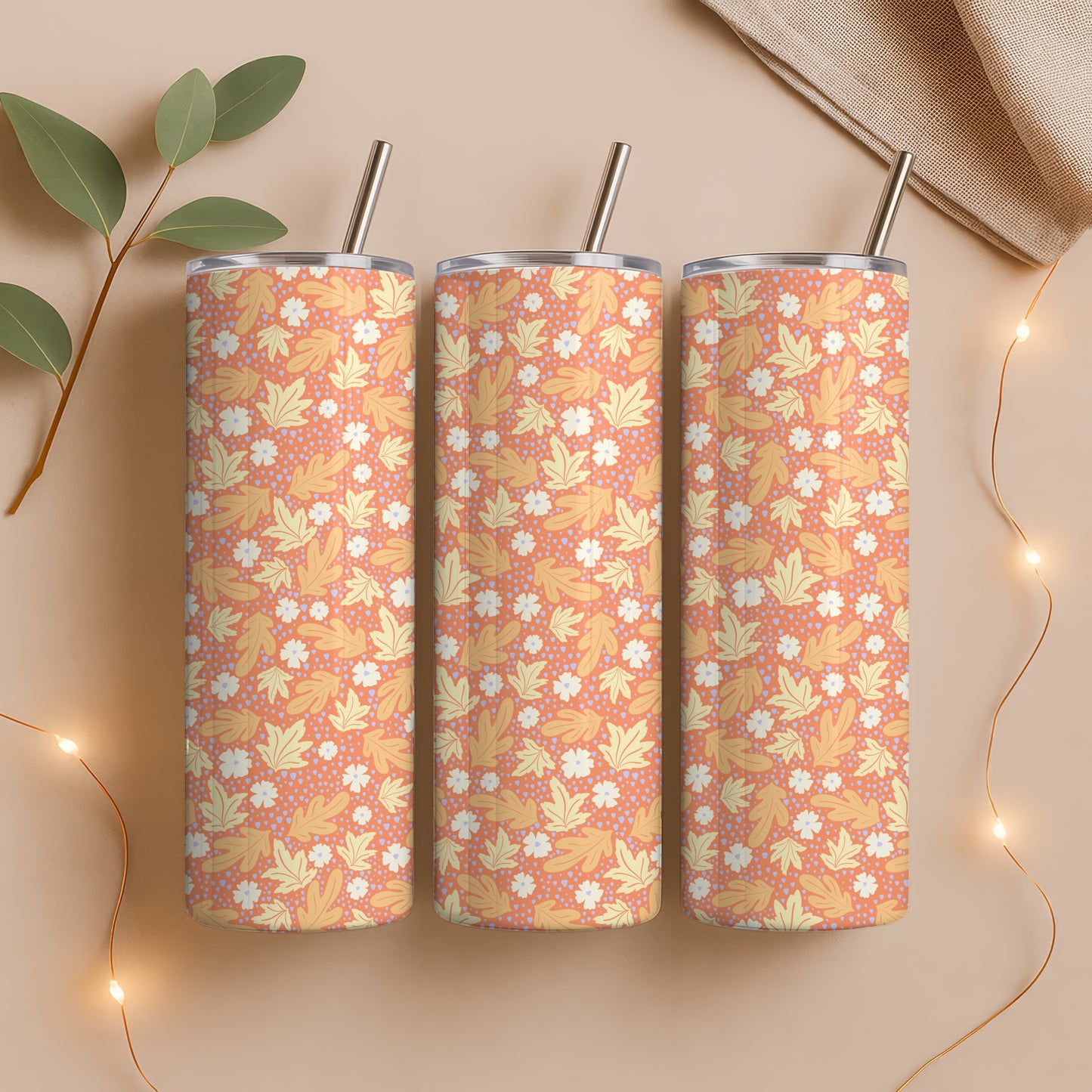 Fall Floral 20 oz Tumbler Wrap Orange β Cozy Autumn Flowers Digital PNG 9.25β x 8.20β