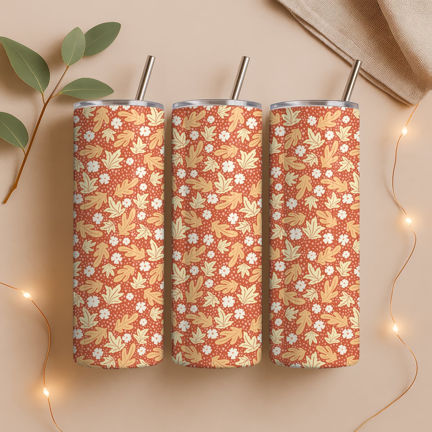 Fall Floral 20 oz Tumbler Wrap Burnt Orange β Cozy Autumn Flowers Digital PNG 9.25β x 8.20β