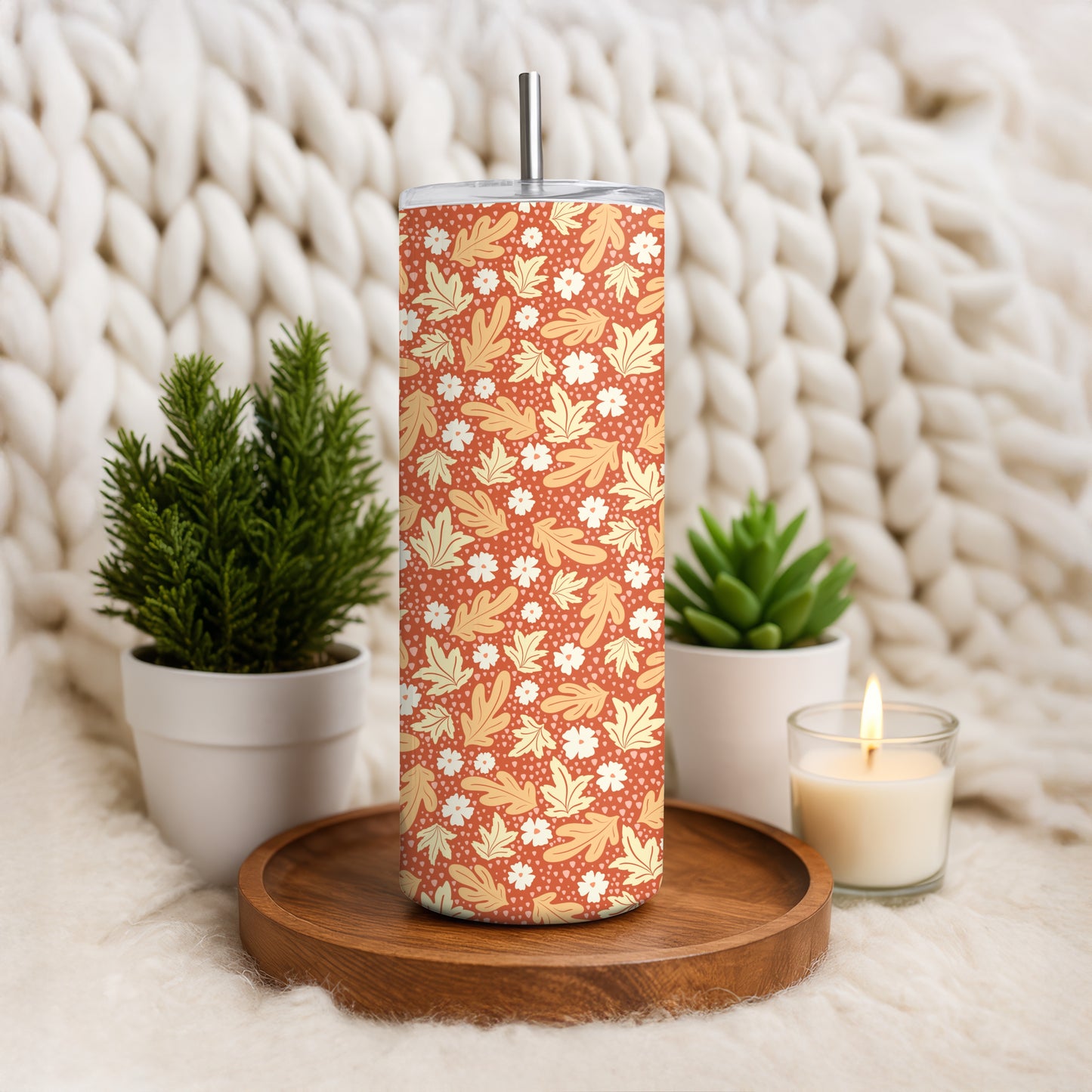Fall Floral 20 oz Tumbler Wrap Burnt Orange β Cozy Autumn Flowers Digital PNG 9.25β x 8.20β
