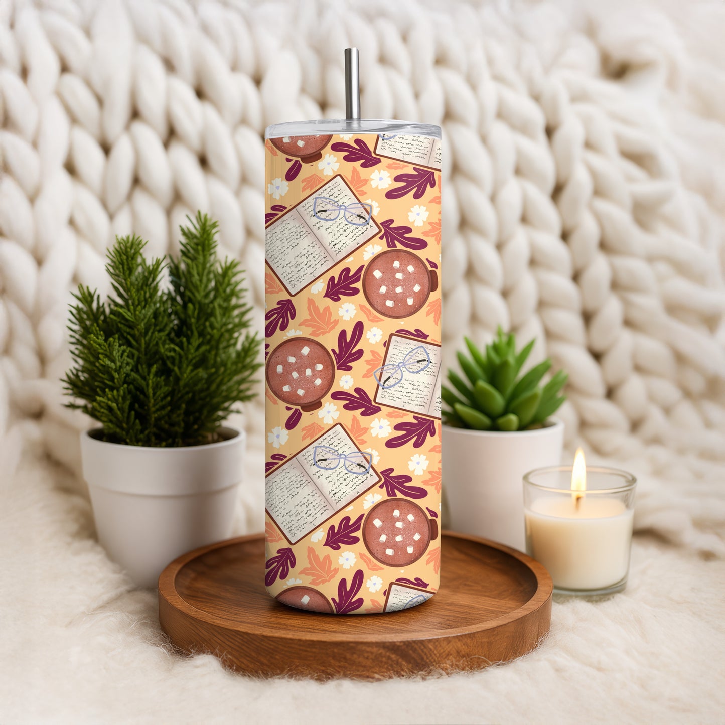 Cozy Fall 20 oz Tumbler Wrap Orange β Books, Hot Cocoa & Fall Florals PNG | Digital 9.25β x 8.20β