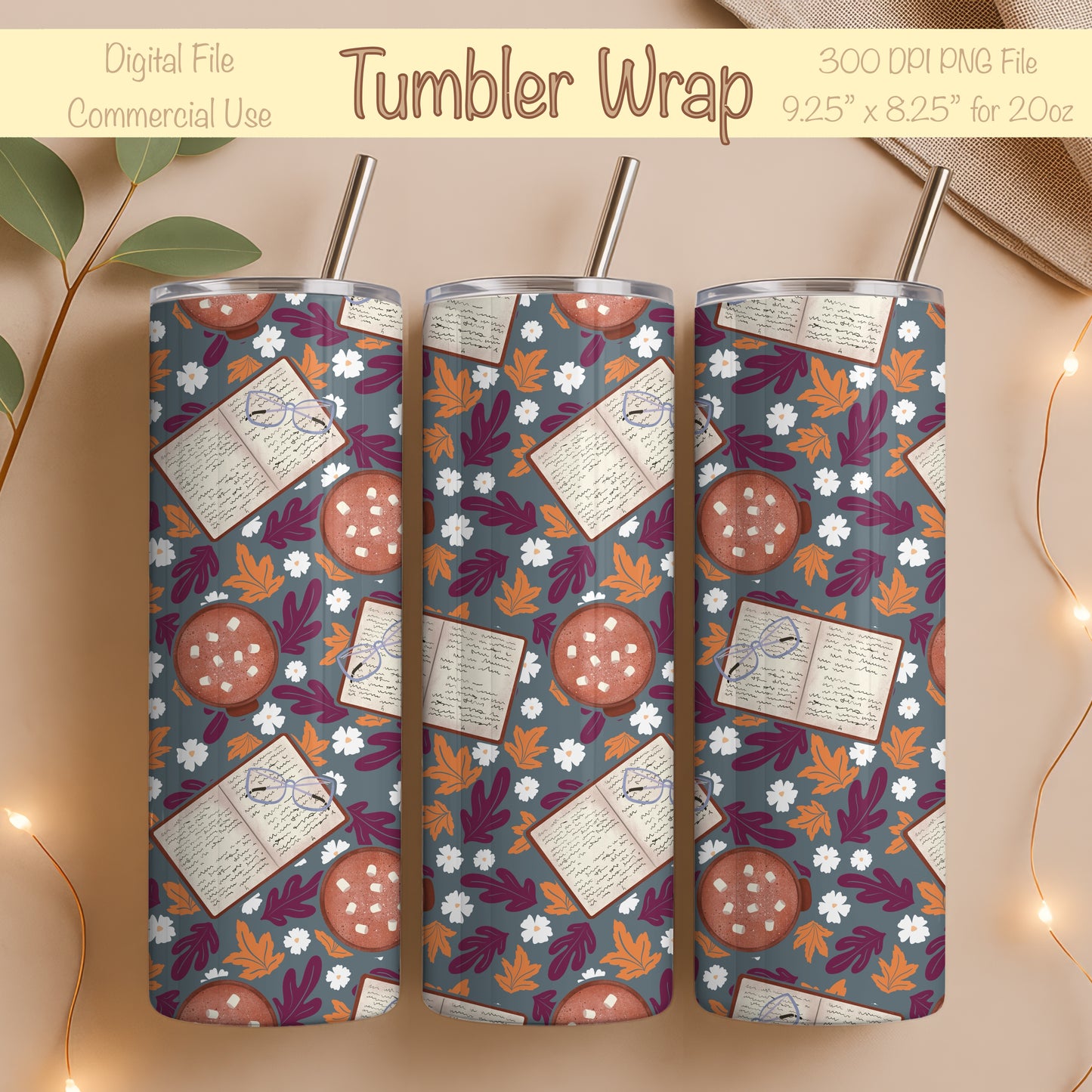 Cozy Fall 20 oz Tumbler Wrap Dark β Books, Hot Cocoa & Fall Florals PNG | Digital 9.25β x 8.20β