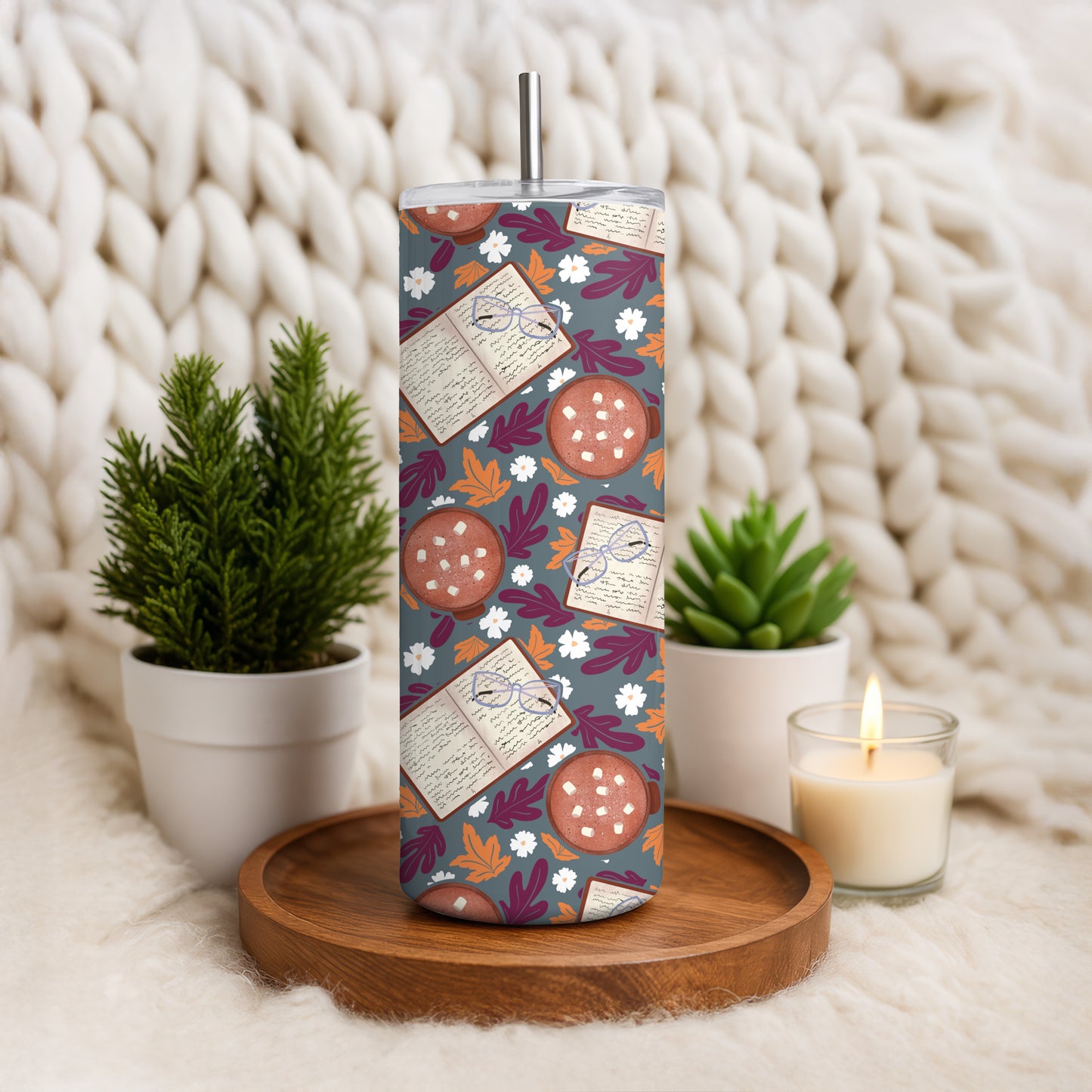 Cozy Fall 20 oz Tumbler Wrap Dark β Books, Hot Cocoa & Fall Florals PNG | Digital 9.25β x 8.20β