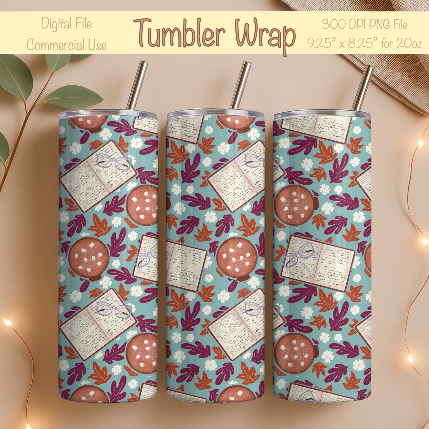 Cozy Fall 20 oz Tumbler Wrap Blue β Books, Hot Cocoa & Fall Florals PNG | Digital 9.25β x 8.20β