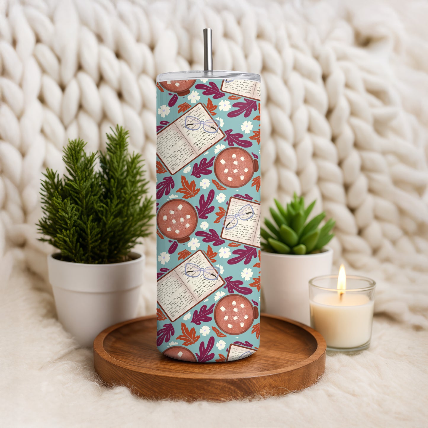 Cozy Fall 20 oz Tumbler Wrap Blue β Books, Hot Cocoa & Fall Florals PNG | Digital 9.25β x 8.20β