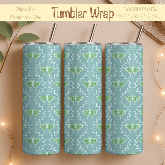 Dreamy Moths Tumbler Wrap  Green – Digital 9.25” x 8.20” PNG File
