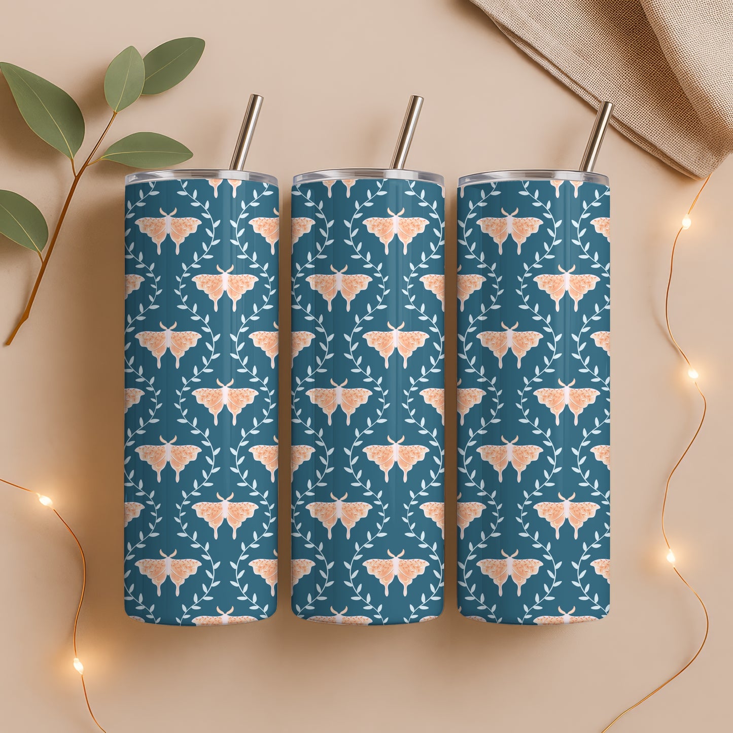 Dreamy Moths Tumbler Wrap Blue β Digital 9.25β x 8.20β PNG File