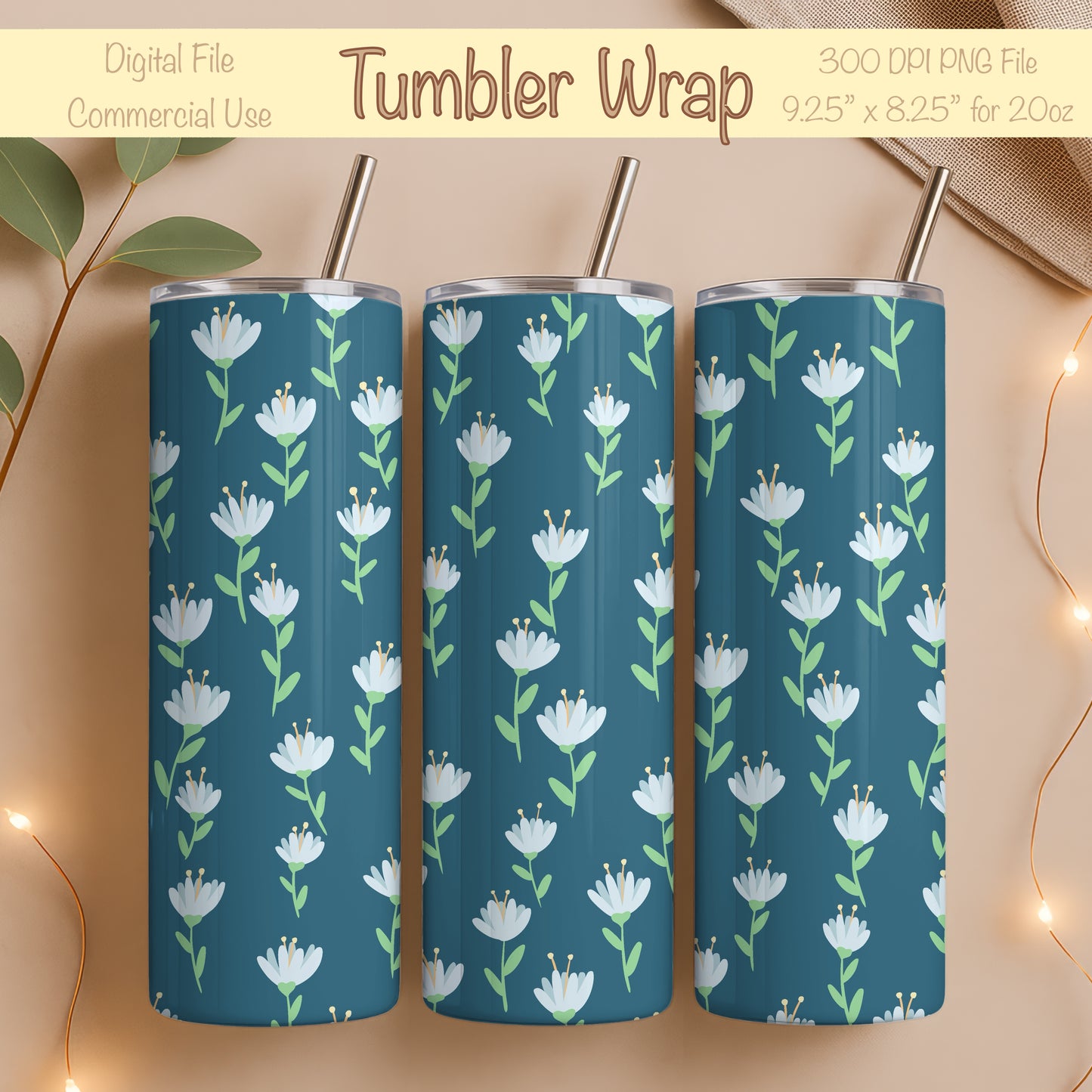 Whimsy Blooms Tumbler Wrap Blue β Digital Floral 9.25β x 8.20β PNG File