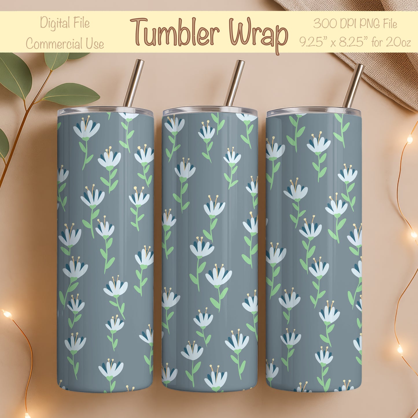 Whimsy Blooms Tumbler Wrap Grey β Digital Floral 9.25β x 8.20β PNG File